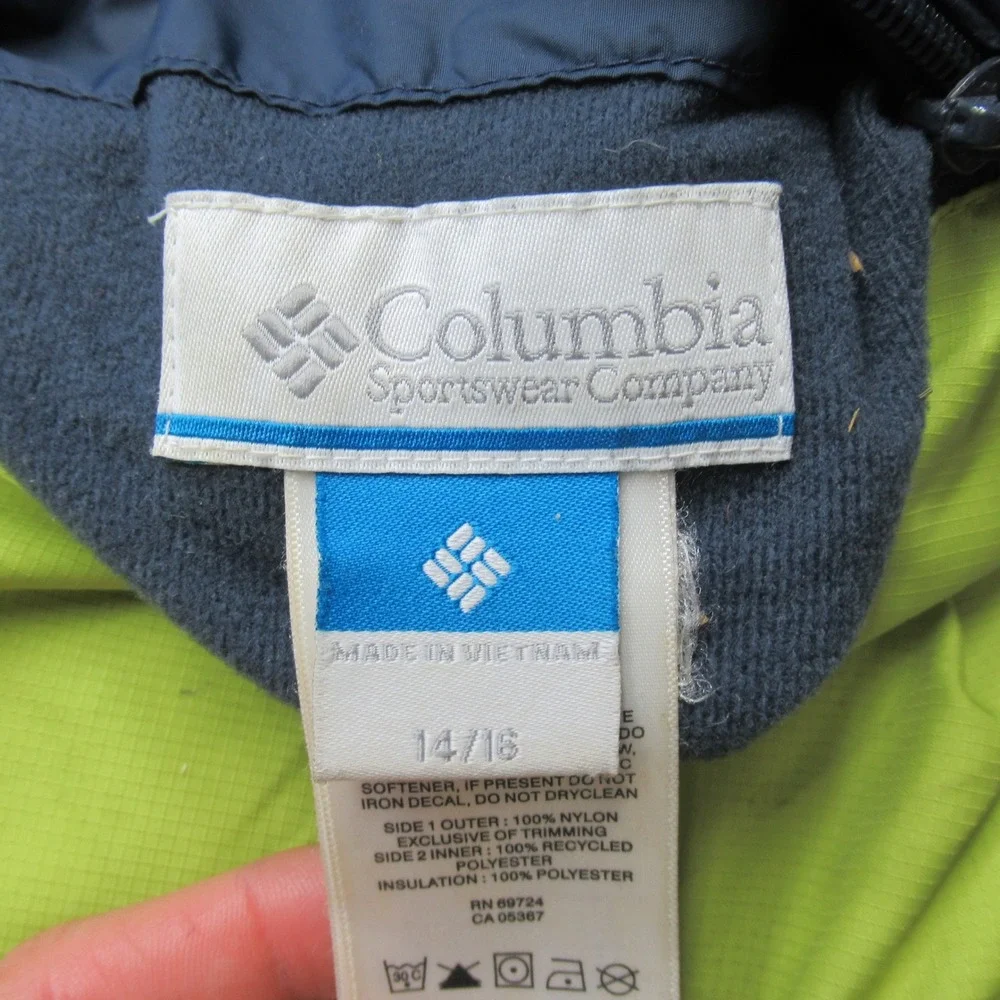 Columbia Jacket Youth Large Green Reversible Rain Wind FullZip Insulated Puffer